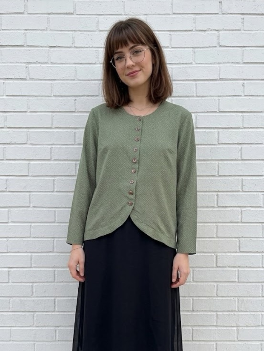 Vintage 90s Olive Green Polka Dot Blouse Office Minimalist Button Top size Small - Picture 2 of 13